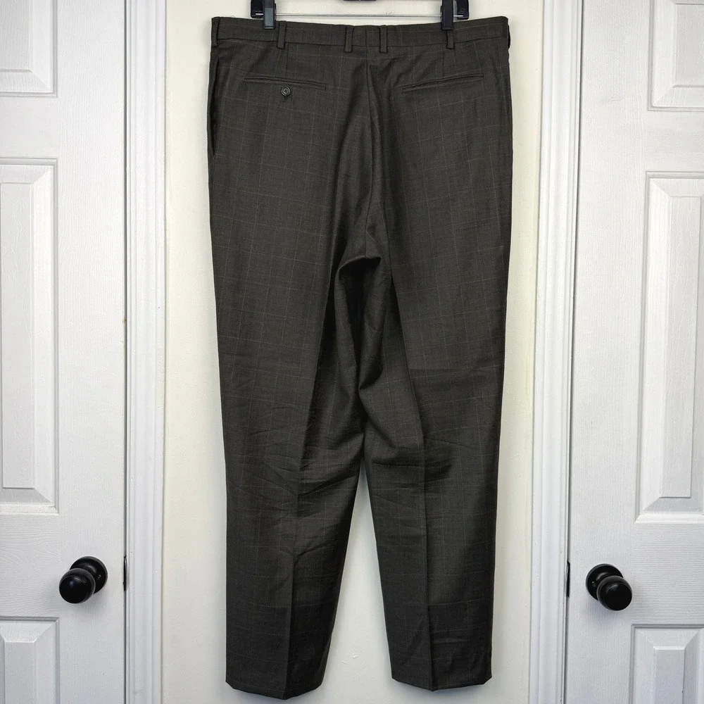 Jos. A. Bank 2-Piece Suit Mens 46L 37x31 100% Wool WINDOWPANE Charcoal Grey